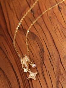 1pc Stainless Steel Aurora Star Pearl Radiant Star Pendant Necklace, 18K Goldtone With Tiny Crystals, Dreamlike Sparkle Design, Gift For Wife, Female Friends, Wedding - Gold - View 6