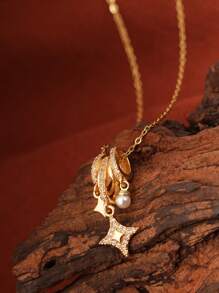 1pc Stainless Steel Aurora Star Pearl Radiant Star Pendant Necklace, 18K Goldtone With Tiny Crystals, Dreamlike Sparkle Design, Gift For Wife, Female Friends, Wedding - Gold - View 3