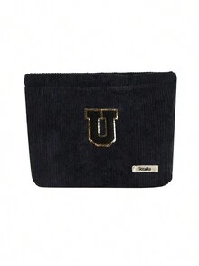 Túi cầm tay nhung kẻ, Túi đựng đồ trang điểm, Túi đựng đồ sọc đơn giản khi đi du lịch, Khăn đen thêu chữ A-Z, Ví đựng mỹ phẩm màu trơn, Túi đựng đồ trang điểm du lịch nhung kẻ dung tích lớn: Hoàn hảo cho việc làm đẹp khi di chuyển! Túi đựng đồ mỹ phẩm du lịch, Đơn giản và cao cấp, Đựng phụ kiện, Thích hợp để cất giữ trong ký túc xá, Du lịch, Đi công tác, Bơi lội, Đựng đồ tại nhà - màu đen - Xem 25