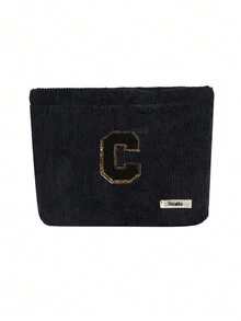 Túi cầm tay nhung kẻ, Túi đựng đồ trang điểm, Túi đựng đồ sọc đơn giản khi đi du lịch, Khăn đen thêu chữ A-Z, Ví đựng mỹ phẩm màu trơn, Túi đựng đồ trang điểm du lịch nhung kẻ dung tích lớn: Hoàn hảo cho việc làm đẹp khi di chuyển! Túi đựng đồ mỹ phẩm du lịch, Đơn giản và cao cấp, Đựng phụ kiện, Thích hợp để cất giữ trong ký túc xá, Du lịch, Đi công tác, Bơi lội, Đựng đồ tại nhà - màu đen - Xem 37