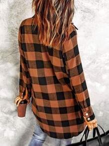 女士格子印花长袖衬衫，纽扣开襟，休闲春季长袖上衣 - 鏽棕色 - 查看 2