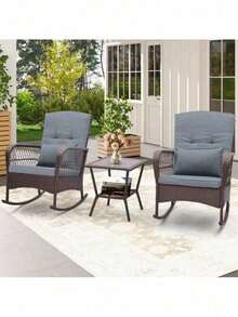 3 PCS Rocking Bistro Rattan Conversation Dining Sofa Set W/ 2-Tiers Coffee Table - 1 - 查看 2