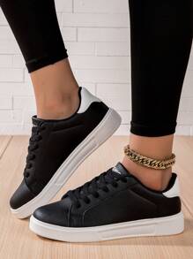 新款厚底纯白透气时尚女士休闲运动鞋，舒适软底防滑防臭耐用旅游鞋 - 黑白 - 查看 4