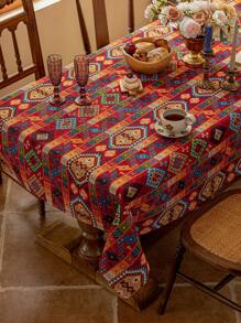 1pc Bohemian Red Geometric High-Precision Jacquard Tablecloth, Dust And Heat-Resistant For Home, Dining Table, Coffee Table, Suitable For Farmhouse, Restaurant, Living Room, Party, Dinner, Birthday, Festival, Holiday, Christmas Decor - Multicolor - View 6