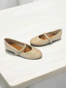 RevReaL Women's Light Color Round Toe Rivet Flats - Classic Mary Jane Shoes (Silver Buckle Decor) Valentines - Beige - View 4