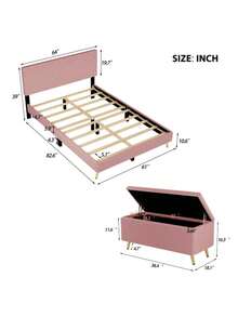 2 Pieces Bedroom Sets Queen Size Upholstered Bed Frame, Modern Corduroy  Storage Ottoman,Pink - 粉紅色+實木+MDF+大床+2件套裝 - 查看 11