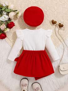 女婴白色长袖上衣配红色蝴蝶结装饰和红色设计裙子套装，秋冬 - 紅色 - 查看 2