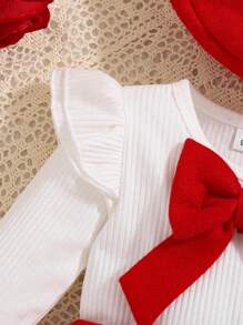 女婴白色长袖上衣配红色蝴蝶结装饰和红色设计裙子套装，秋冬 - 紅色 - 查看 4