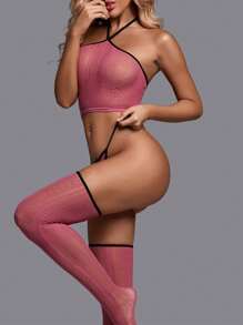 Bộ đồ lót 3 món gợi cảm cho nữ kèm tất và quần lót, bộ đồ ngủ hở lưng lưới gợi cảm Temptation - Hồng - Xem 1