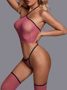 Bộ đồ lót 3 món gợi cảm cho nữ kèm tất và quần lót, bộ đồ ngủ hở lưng lưới gợi cảm Temptation - Hồng - Xem 4