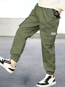 1pc Tween Boys Casual Sports Outdoor Pocket Cargo Pants, Solid Color Fleece Knit Straight Leg Trousers, Thick Warm For Spring Autumn Winter - Army Green - View 4