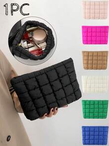 时尚多功能弹力锁边绣花线格子化妆包休闲手拿包保暖羽绒迷你包时尚多功能绗缝绣花格子化妆包，休闲手拿包，保暖袋，返校背包，旅行沙滩度假收纳袋，旅行收纳袋，化妆包，化妆袋，度假收纳袋 - 彩色 - 查看 1