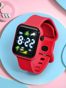 1pc Kids & Youth Student Coconut Tree,Riding Figure LED Display TPU Casual Sport Square Shaped Electronic Watch, Suitable For Daily Life