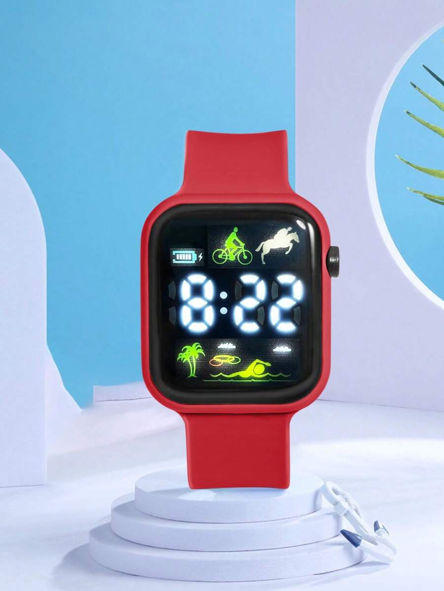 1pc Kids & Youth Student Coconut Tree,Riding Figure LED Display TPU Casual Sport Square Shaped Electronic Watch, Suitable For Daily Life