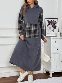 女士连帽套头羊毛运动衫拼布格子长裙