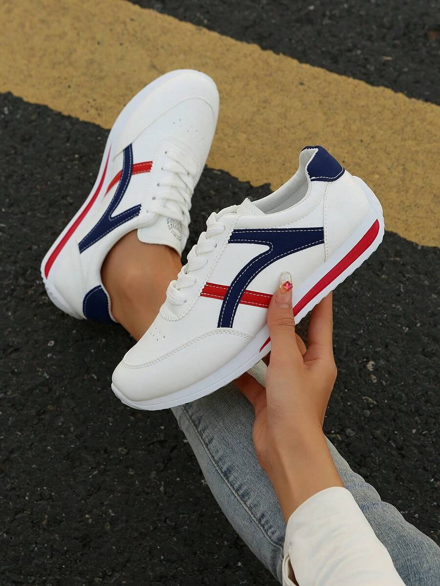 Damen Farbblock Schnürsneaker, modische, leichte, bequeme Slip-On Flache Schuhe