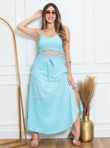 Sweatshirt Skirt With Long Slit, Plus Size - 淺藍色 - 查看 1