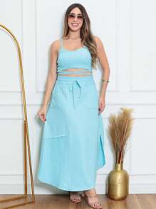 Sweatshirt Skirt With Long Slit, Plus Size - 淺藍色 - 查看 3