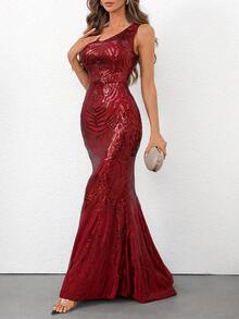 Women's Elegant V-Neck Mermaid Sleeveless Beaded Formal Evening Party Gown Dress For Wedding, Banquet - Burgundy - View 2