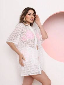 Beach Cover-Up Set Shirt With Buttons And Shorts With Front Pocket 719 - 白色 - 查看 3