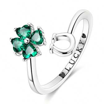 S925 Sterling Silver Four-Leaf Clover Horseshoe Open Ring For Women Simple Romance Lucky Rings Fine Jewelry Anniversary Gift Valentines