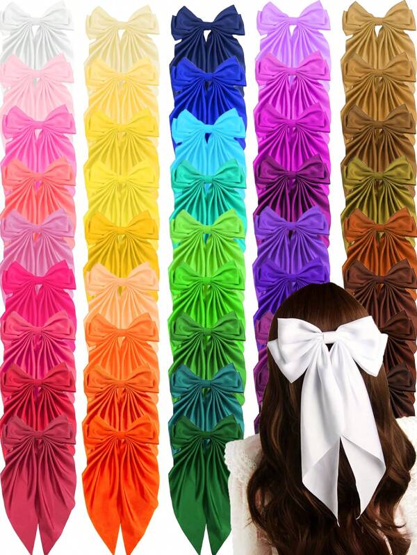 12 Pcs Random Colors Silky Satin Bow Hair Clips For Women Hair Bows Cute Hair Ribbons Oversized Long Tail Hair Barrettes Metal Clips Claw Clips, School Stuff