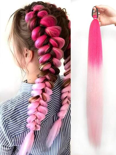 تمديدات ذيل الحصان المنسوجة الملونة بتدرج وردي 28 بوصة (تقريبًا 70 سم)، تمديدات ملونة من الأومبير للضفائر تلتف بمرونة ومنسوجة بلطف (فوشيا/ وردي فاتح)