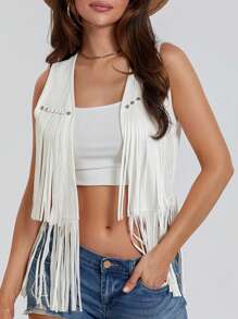 Women's Boho Hippie Chic Waistcoat Vest Ultra Lightweight Solid Hue Open Front Sleeveless Jacket Adorned With Tassels  Streetwear Layering