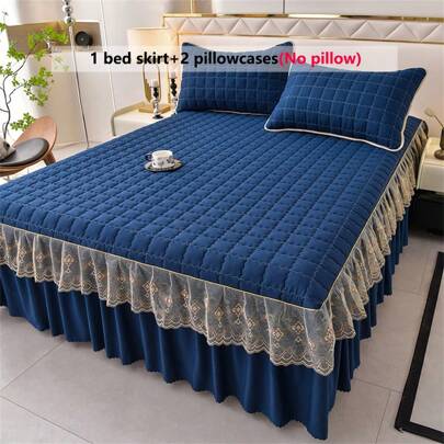3pcs Quilted Bed Skirt Set (1 Bed Skirt + 2 Pillowcases), Lace Trim, Fashionable & Elegant, Moisture-Wicking, Wrinkle-Resistant, Quiet, Removable Mattress Cover