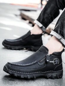 大码男士户外战斗靴，侧拉链开合，纯色，复古手工制作 - 黑色 - 查看 2