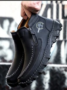大码男士户外战斗靴，侧拉链开合，纯色，复古手工制作 - 黑色 - 查看 3