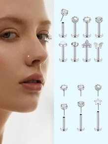 6-8PCS 18G 16G Push In Theadless Nose Rings Studs Hypoallergenic Flat Back Nose Piercing - Gold - View 1