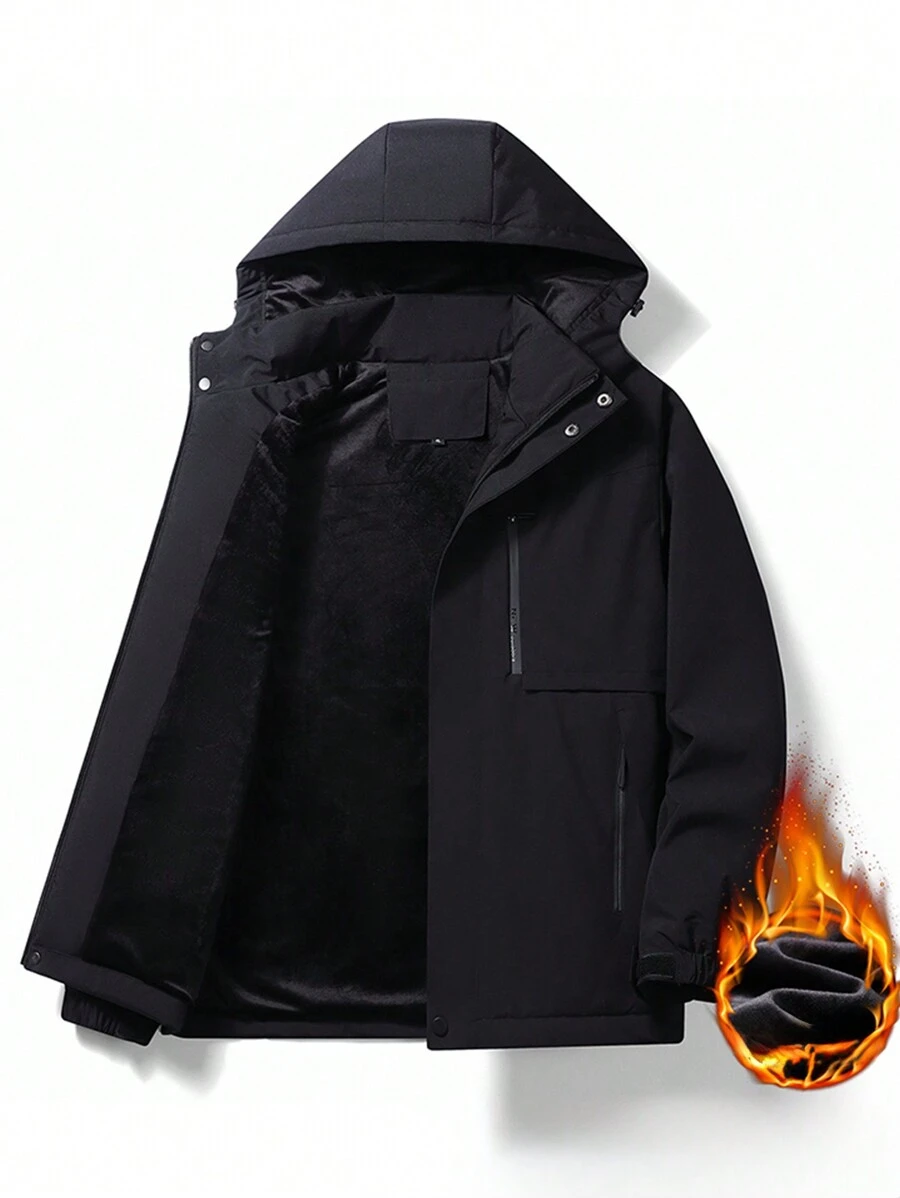Winter Thermal Lined Jacket Men, Casual Loose Windbreaker With Detachable Hood, And Simple Design - Black - View 1