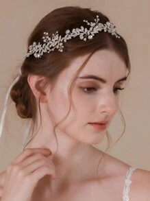 1pc Rhinestone Embellished Alloy Leaf And Faux Pearl Adjustable Headband, Suitable For Daily Wear And Wedding Occasions Tiaras Valentine's Day Accessories - Silver - View 2