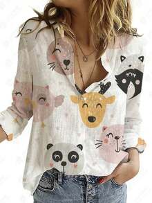女士时尚随意卡通动物印花衬衫，秋季 - 白色 - 查看 1