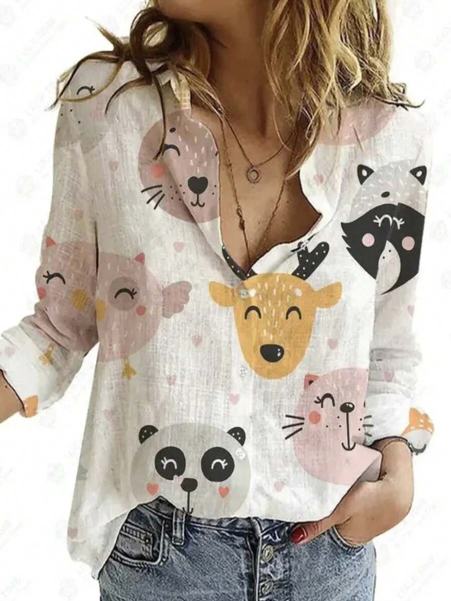 女士时尚随意卡通动物印花衬衫，秋季 - 白色 - 查看 1