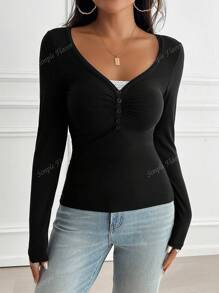 Simple Flavor Women's T-Shirt Y2K Fall Clothes Casual Daily Sexy Solid Color Lace Contrasting Color Slim Long Sleeve V-Neck Top