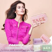 4 piezas Set de bolsas de maquillaje estilo preppy de Pinkunn con parches de letras de chenilla para guardar maquillaje, cuidado de la piel y del cabello, bolsas estéticas de terciopelo acanalado y nailon, regalos de cumpleaños para mujeres (morado, rosa, blanco, verde, terciopelo acanalado) - Multicolor - Ver 3