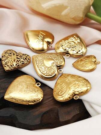 1pc Bohemian Stainless Steel Heart Shape Locket Pendant, Vintage Embossed Floral Design, DIY Necklace Accessories Valentines