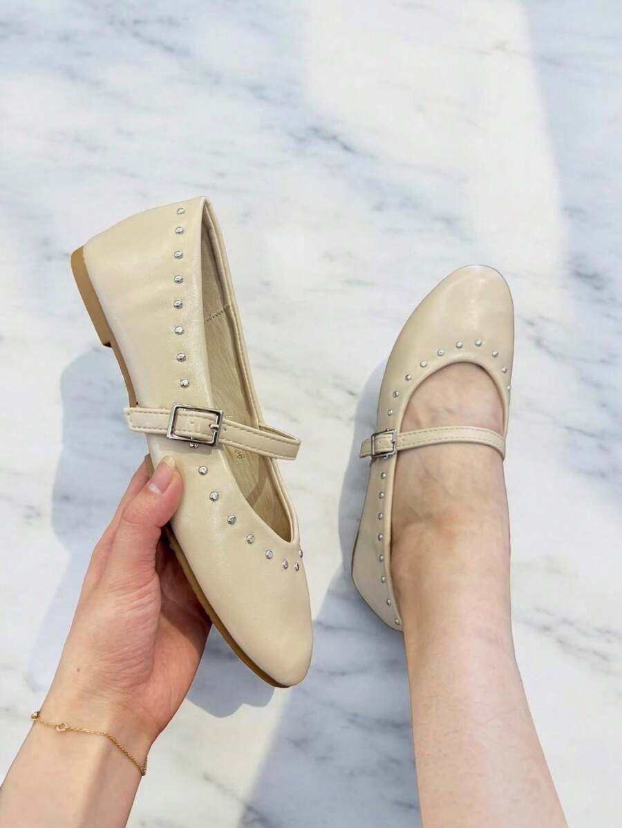 RevReaL Women's Light Color Round Toe Rivet Flats - Classic Mary Jane Shoes (Silver Buckle Decor) Valentines - Beige - View 1