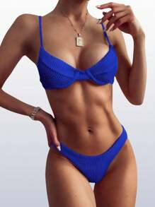 Biquini Meia Taça Retro Aro Calcinha Fio Duplo Semi Fio Ana Ruga Com Bojo Conjunto Moda Praia Verão - Azul Royal - Visão 2