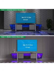 TV Console With Large Storage Cabinets, Biplane Shape Design LED TV Stand With Remote Control, Multiple Modes Changing Lights Modern Entertainment Center With Power Cord, Black,Good Furniture