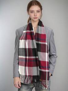 1 件女士经典勃艮第和黑色格子仿羊绒围巾披肩，时尚百搭长流苏围巾冬季秋季 - 格子圍巾 - 查看 2