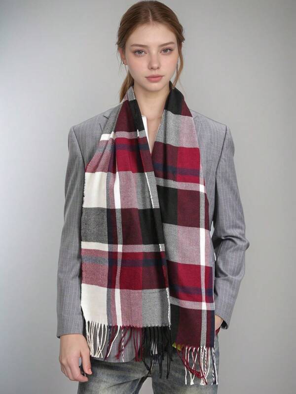 1st Dames Klassieke Bordeaux & Zwarte Plaid Faux Kasjmier Sjaal, Mode Veelzijdige Lange Kwast Sjaals Winter Herfst