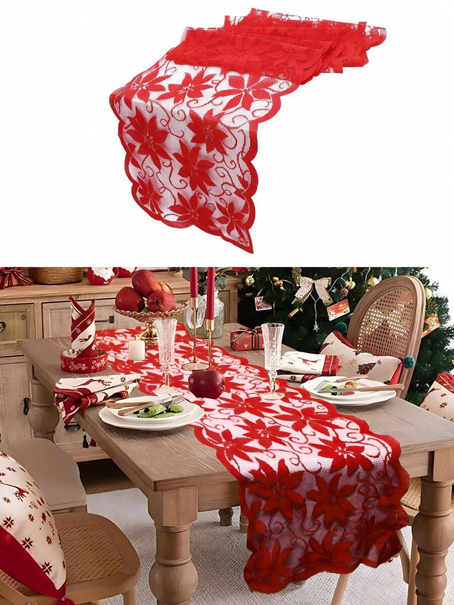 1pc-Áo chạy bàn Giáng sinh ren hoa trạng nguyên áo chạy bàn Giáng sinh tủ quần áo khăn choàng khăn trải bàn ngày lễ cho trang trí tiệc Giáng sinh, trang trí bàn dưới màu đỏ Giáng sinh, trang trí Giáng sinh - Đỏ - Xem 1