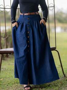 Long Denim Skirt With Belt And Buttons Lightweight Fabric - 深色水洗藍 - 查看 1
