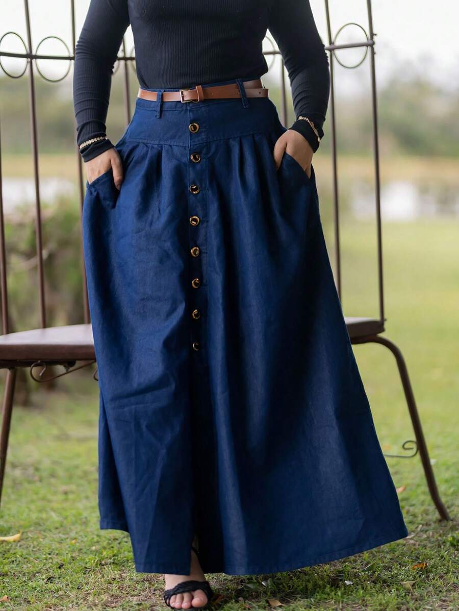 Long Denim Skirt With Belt And Buttons Lightweight Fabric - 深色水洗藍 - 查看 1