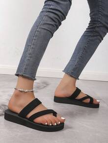 女士黑色平底凉鞋，夏季户外时尚沙滩拖鞋 - 黑色 - 查看 3