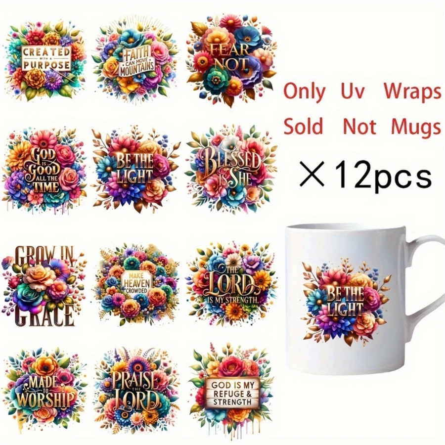 12 gói miếng dán vinyl hình hoa truyền cảm hứng cho cốc, miếng dán cốc chống phai màu UV DTF tự làm, trích dẫn đức tin Cơ đốc, miếng dán trang trí chống thấm nước cho đồ thủy tinh và đồ thủ công (đồ trang trí Giáng sinh, đồ trang trí phòng, đồ trang trí nhà cửa, quà tặng Giáng sinh, đồ trang trí tường)