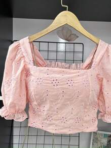Women's Laise Crop Top With Padded Cups And Puff Sleeves - Màu Hồng baby - Xem 2